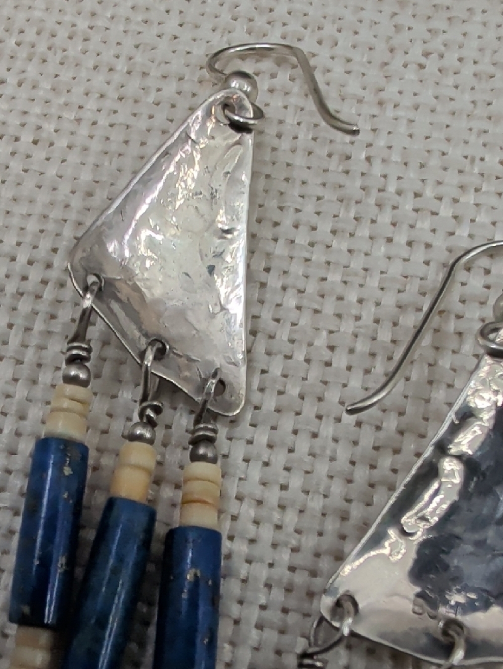 Vintage Sterling 925 Lapis Southwestern Fringe Long Drop Earrings Boho 1990s - Picture 7 of 17